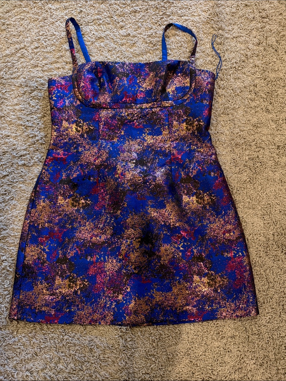 Adrianna Papell Blue Metallic Abstract Print Mini Dress with Gold Accents